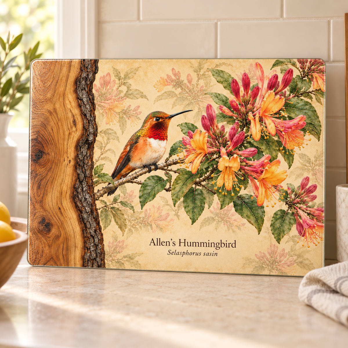 Allen's Hummingbird Glass Cutting Board, Honeysuckle and Coast Live Oak
