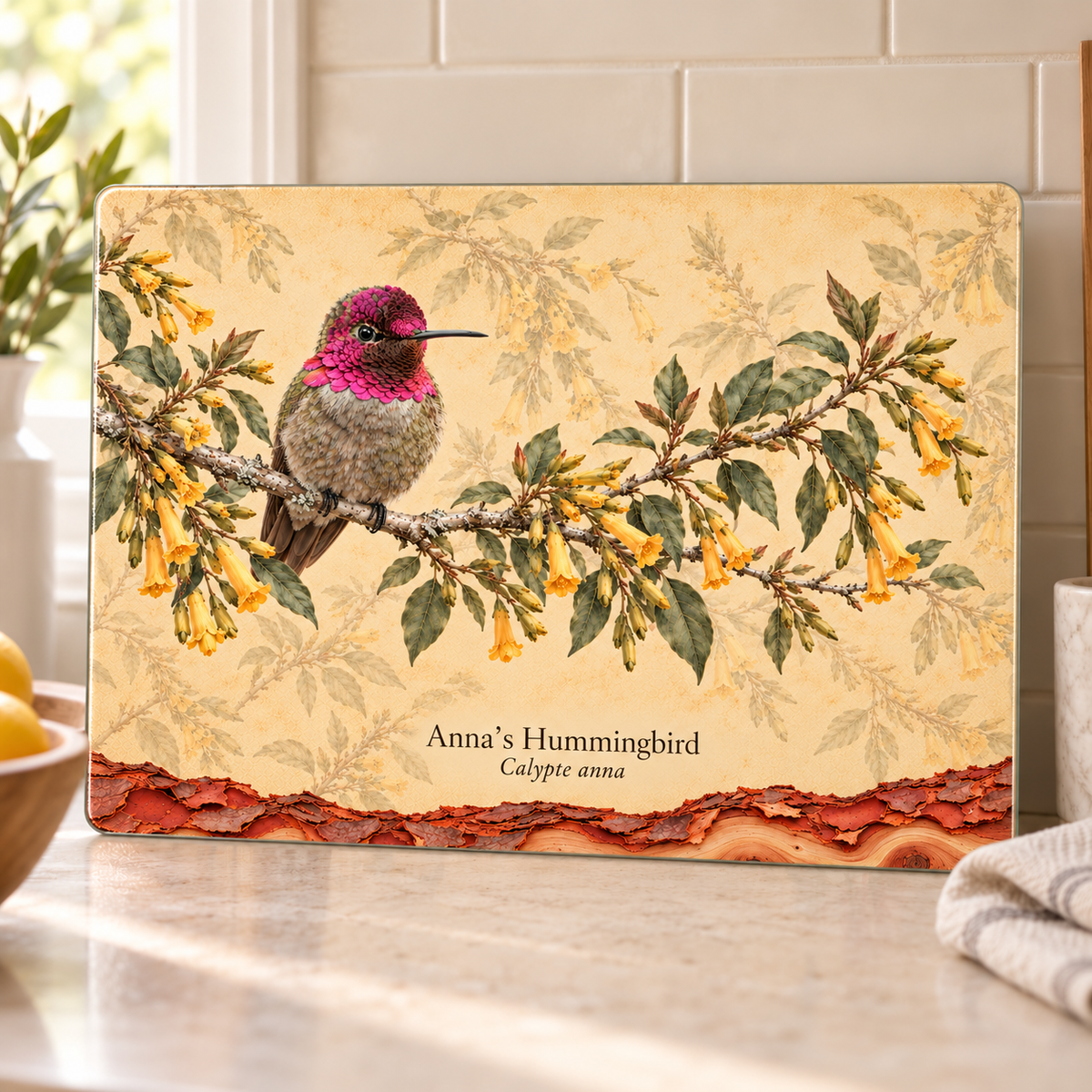Anna's Hummingbird Glass Cutting Board, Tree Tobacco and Pacific Madrone