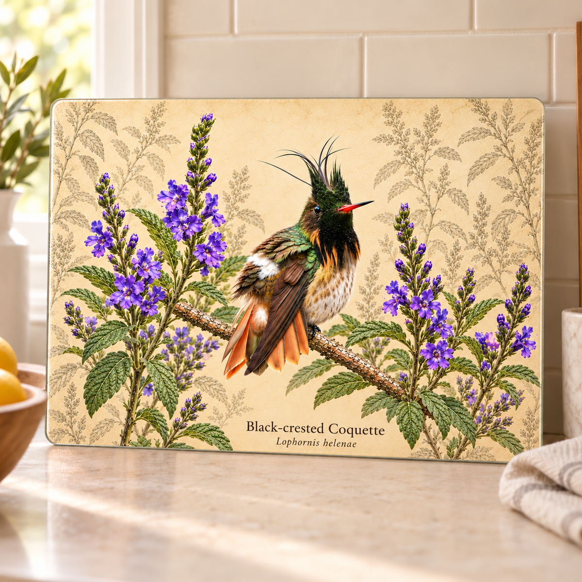 Black-crested Coquette Glass Cutting Board with Stachytarpheta Flowers