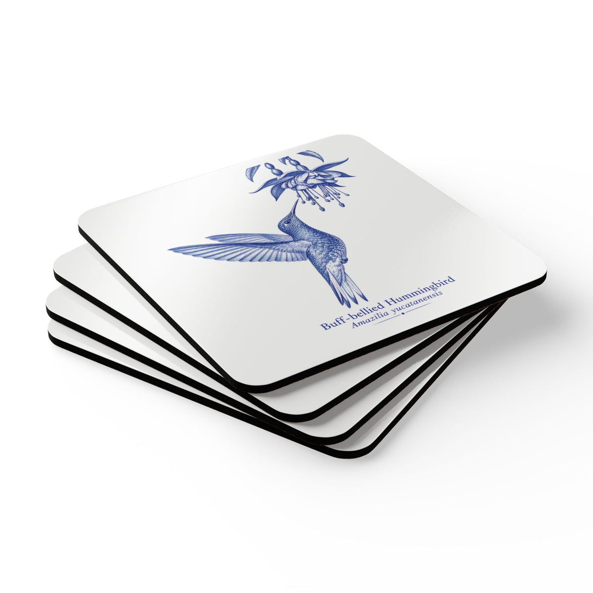 Buff-bellied Hummingbird Blue Delft Cork Coaster Set