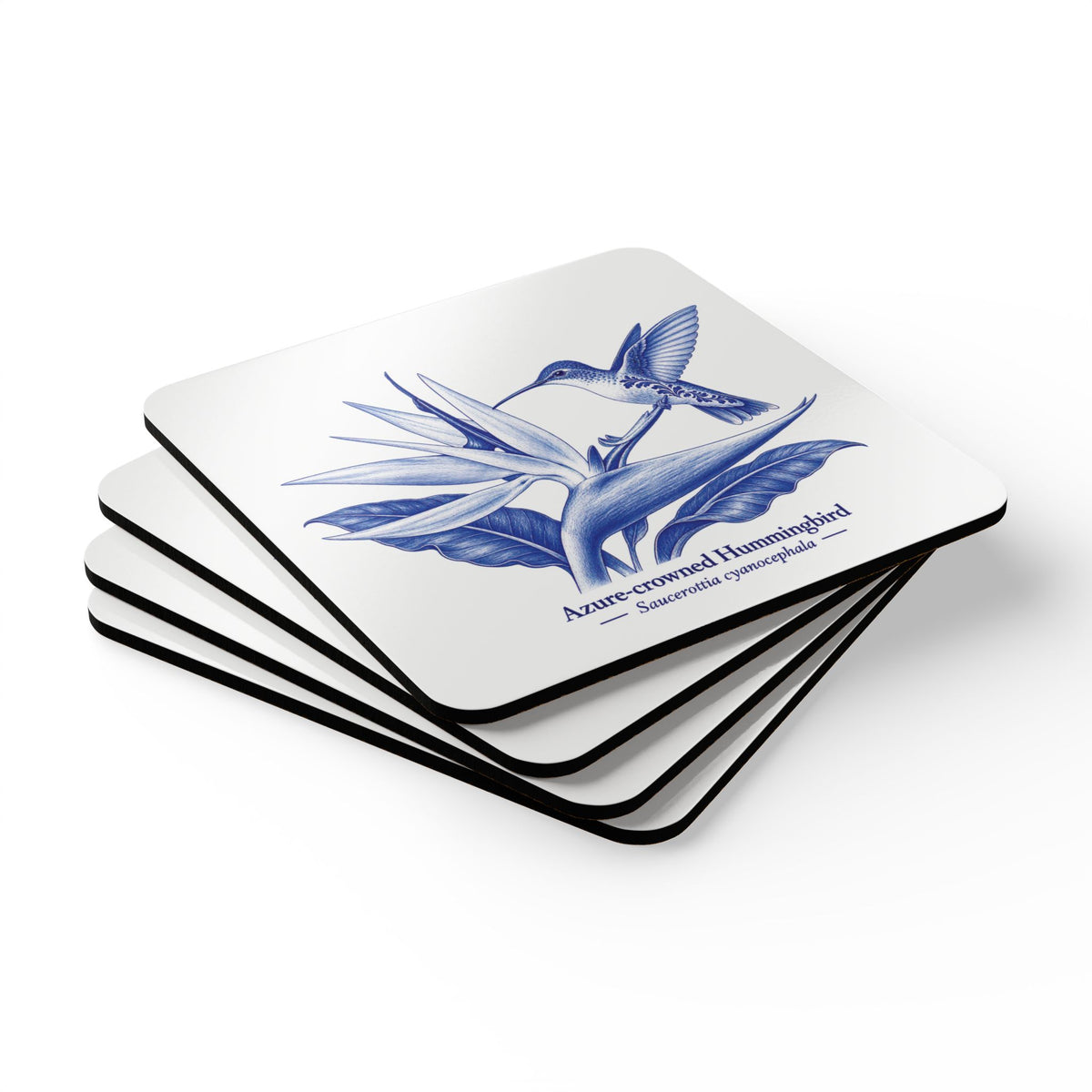 Azure-crowned Hummingbird Blue Delft Cork Coaster Set