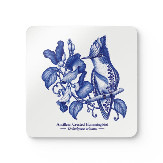 Antillean Crested Hummingbird Blue Delft Cork Coaster Set