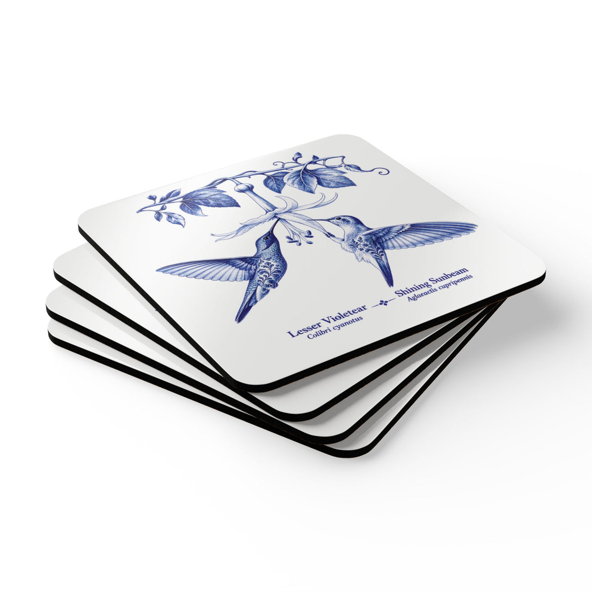 Lessor Violetear and Shining Sunbeam Hummingbirds Blue Delft Cork Coaster Set