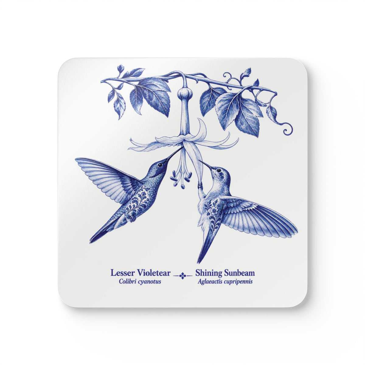 Lessor Violetear and Shining Sunbeam Hummingbirds Blue Delft Cork Coaster Set