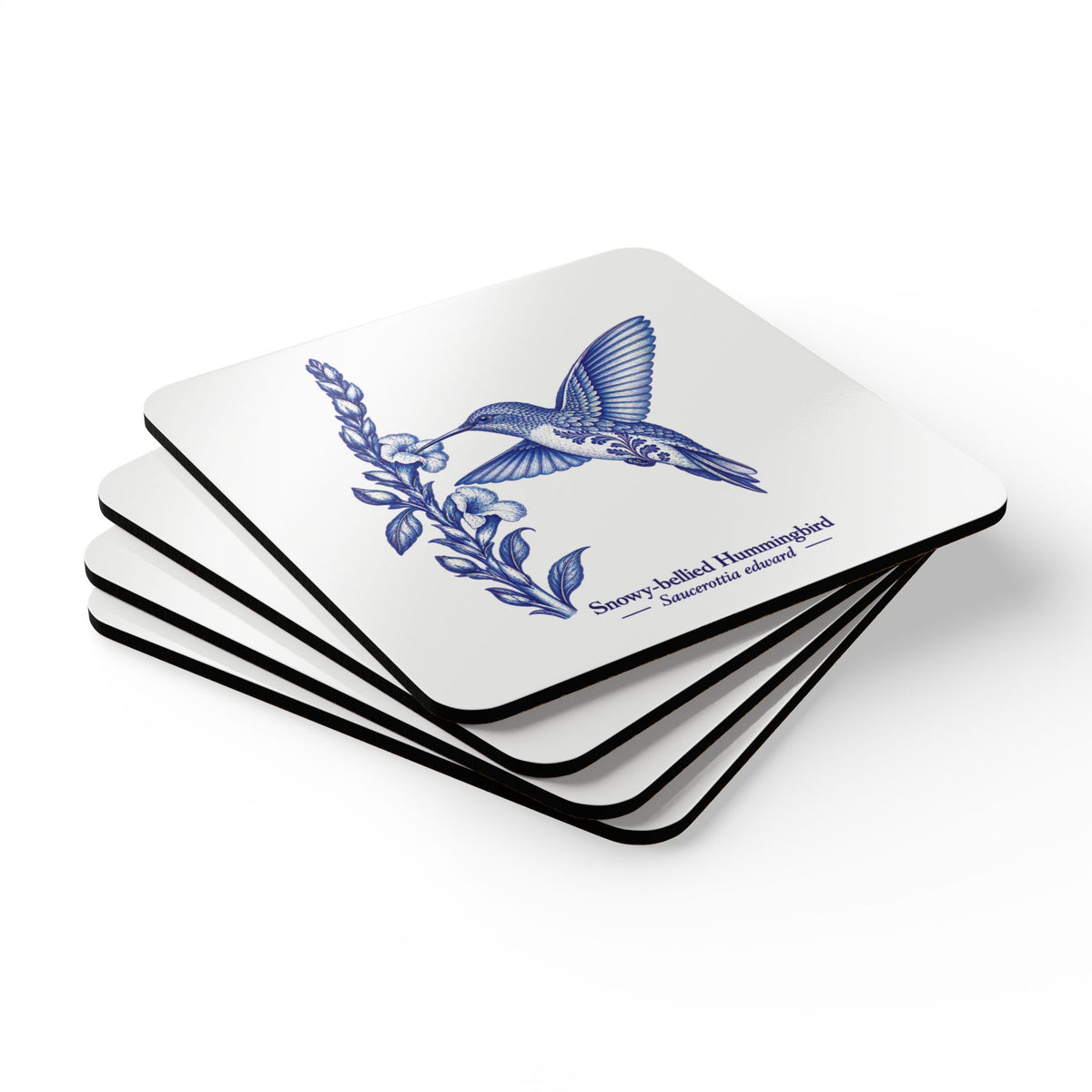 Snowy-bellied Hummingbird Blue Delft Cork Coaster Set