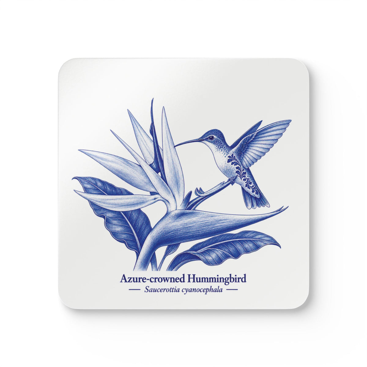 Azure-crowned Hummingbird Blue Delft Cork Coaster Set