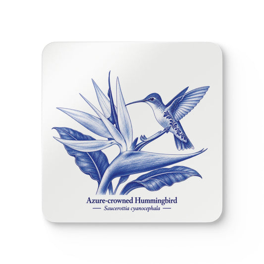 Azure-crowned Hummingbird Blue Delft Cork Coaster Set