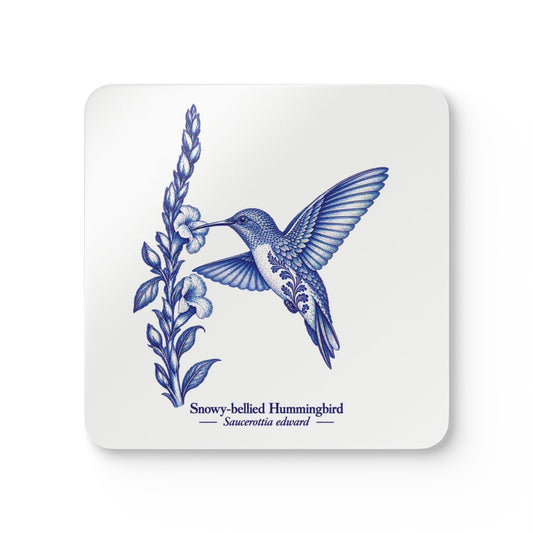 Snowy-bellied Hummingbird Blue Delft Cork Coaster Set