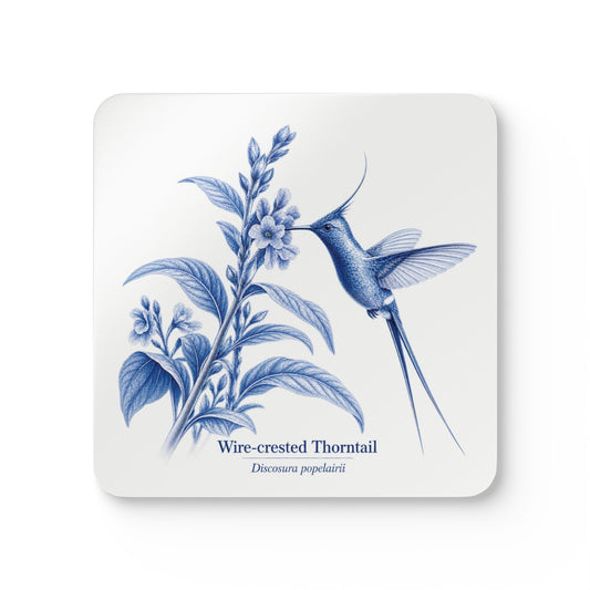 Wire-crested Thorntail Blue Delft Cork Coaster Set