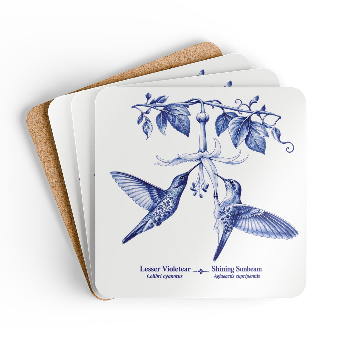 Lessor Violetear and Shining Sunbeam Hummingbirds Blue Delft Cork Coaster Set