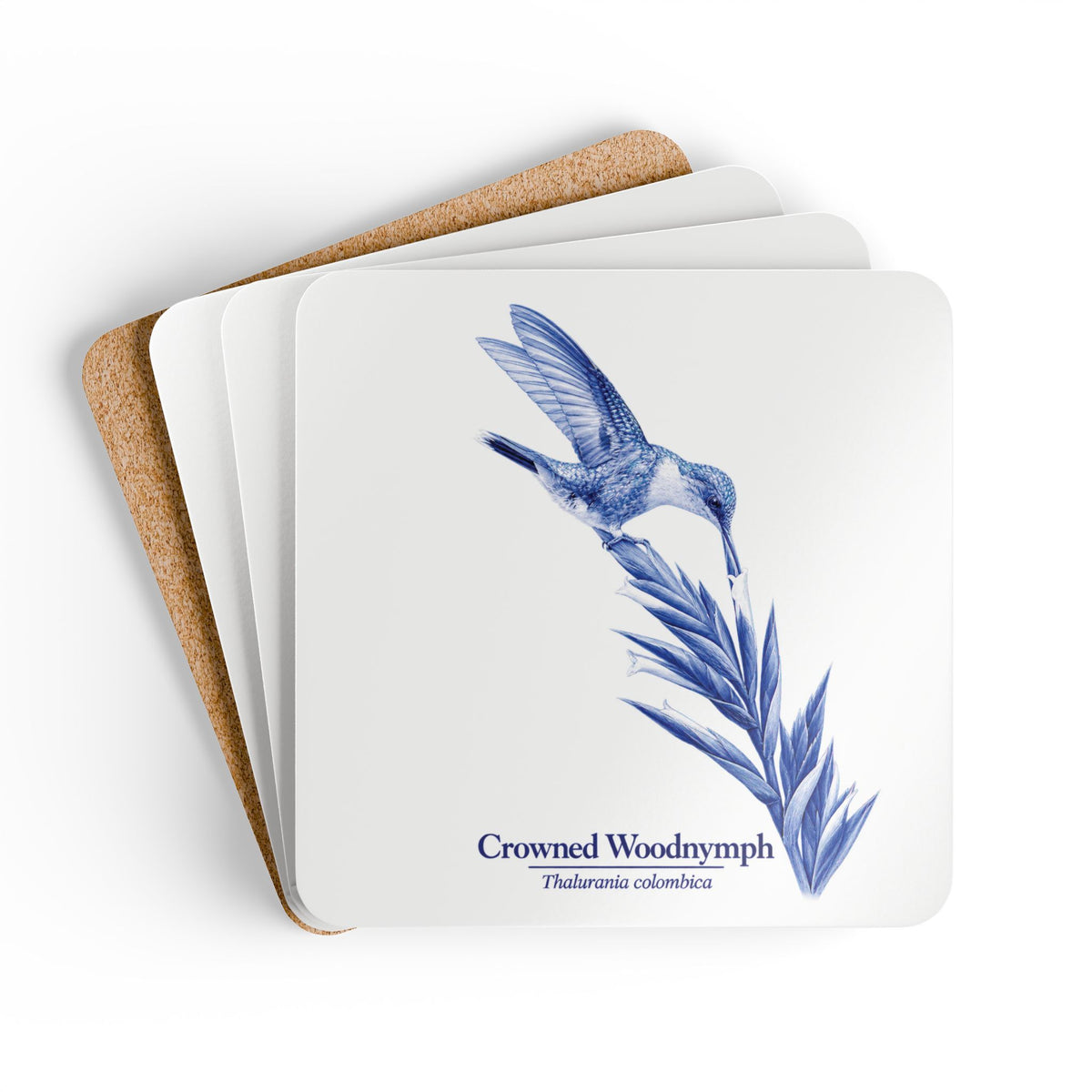 Crowned Woodnymph Blue Cork Coaster Set