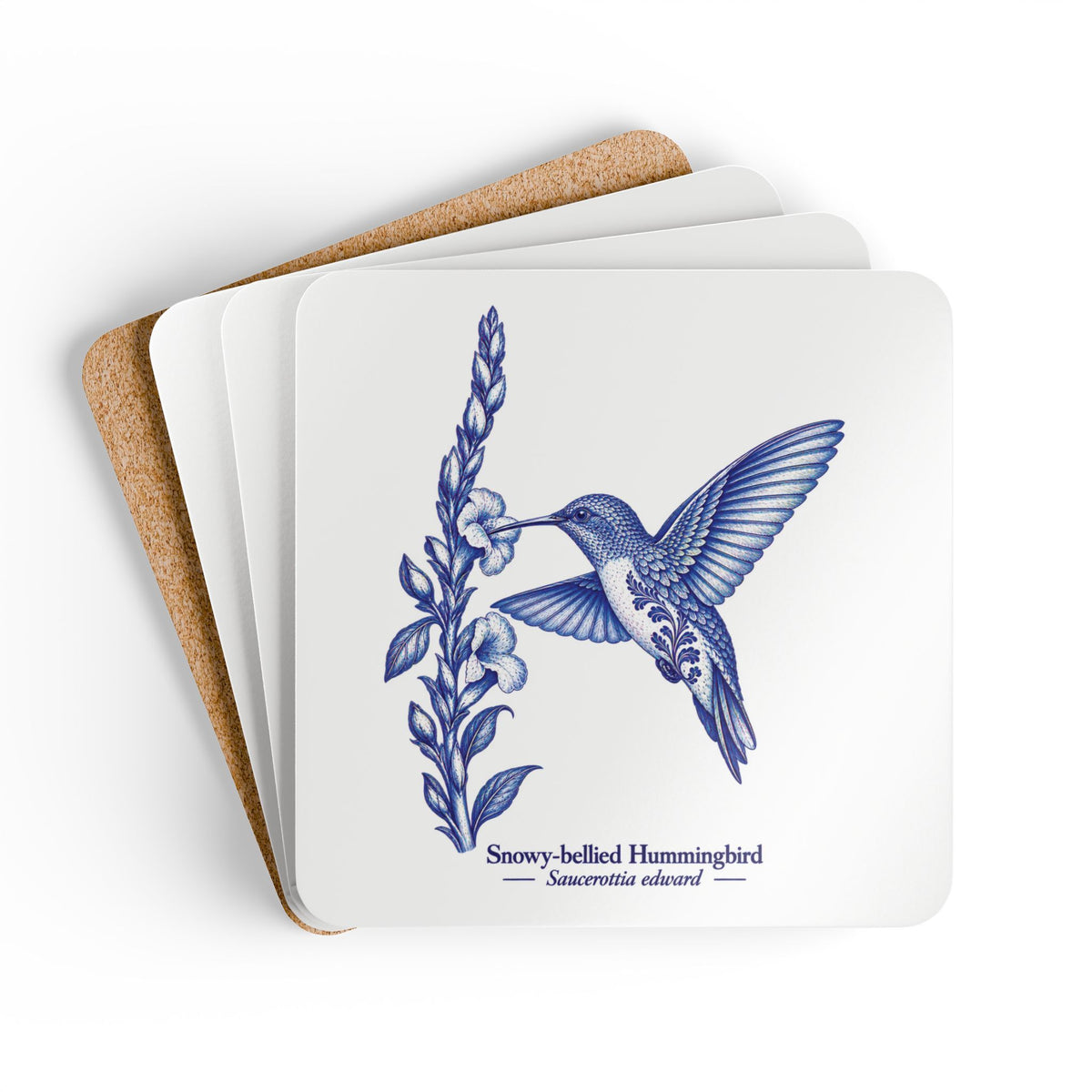 Snowy-bellied Hummingbird Blue Delft Cork Coaster Set