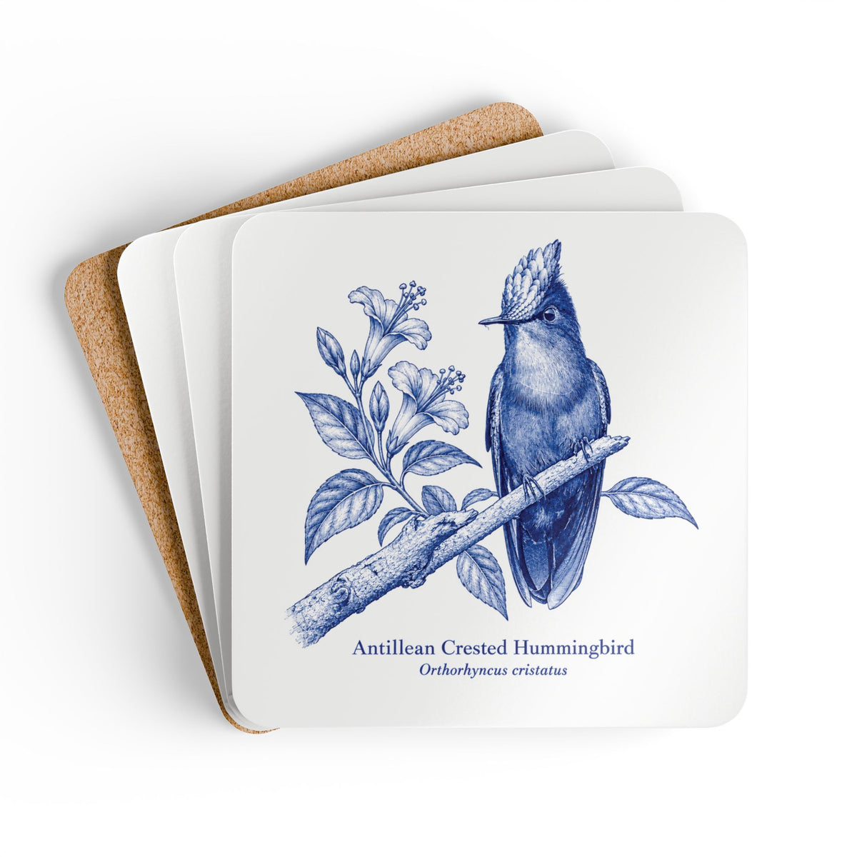 Antillean Crested Hummingbird Delft Blue Cork Coaster Set