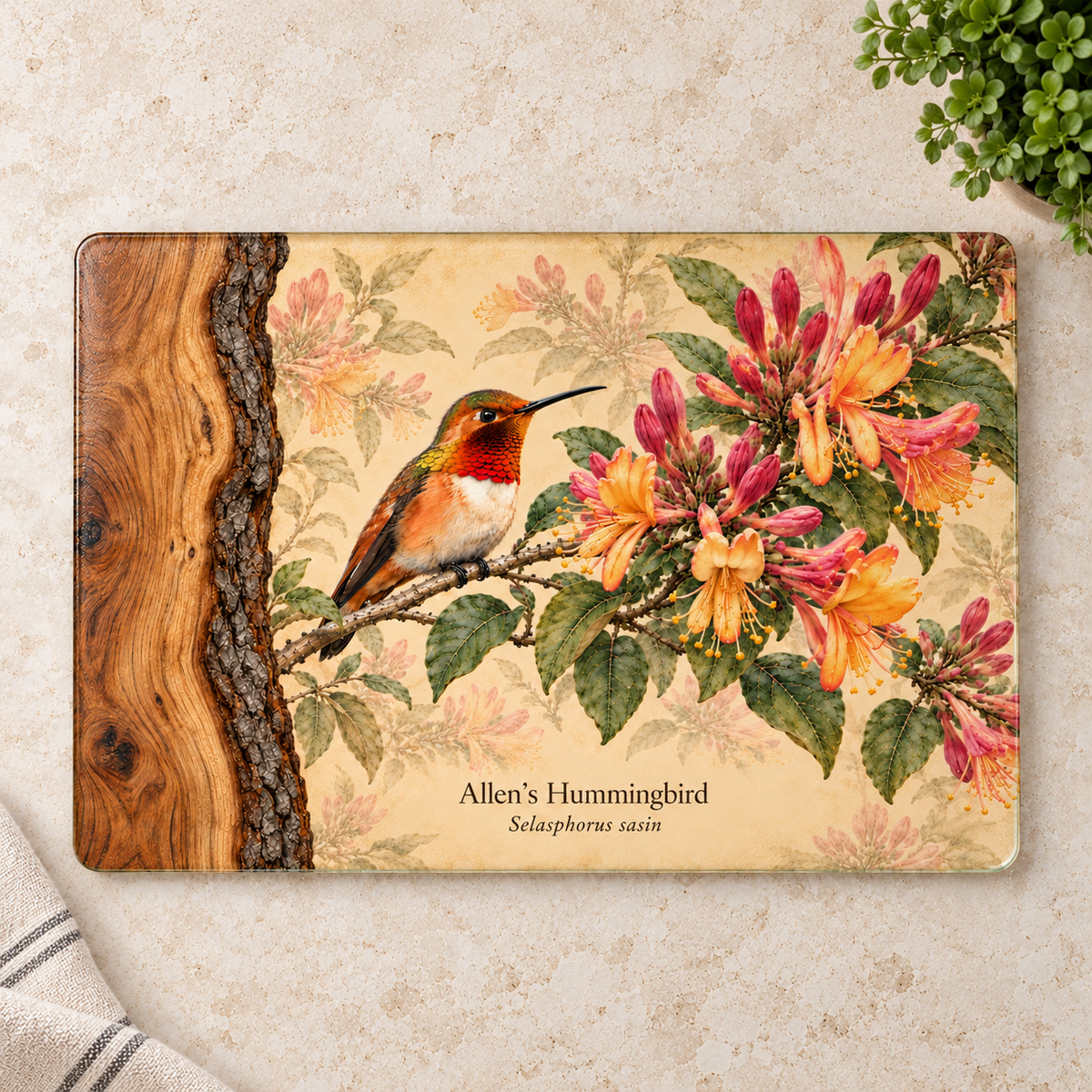 Allen's Hummingbird Glass Cutting Board, Honeysuckle and Coast Live Oak