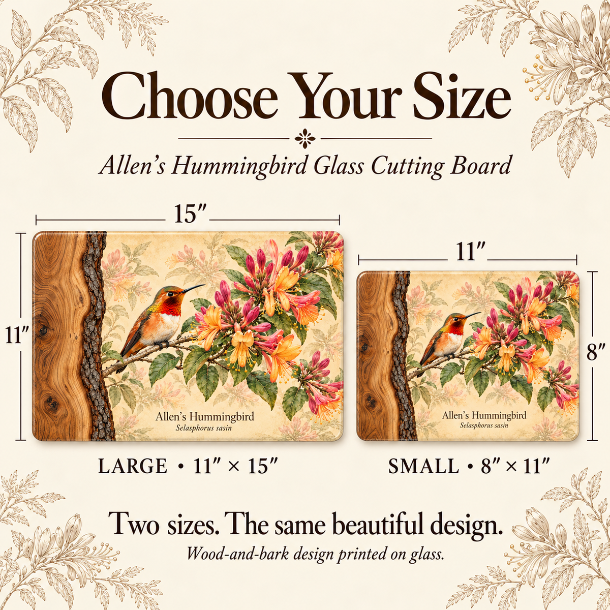 Allen's Hummingbird Glass Cutting Board, Honeysuckle and Coast Live Oak