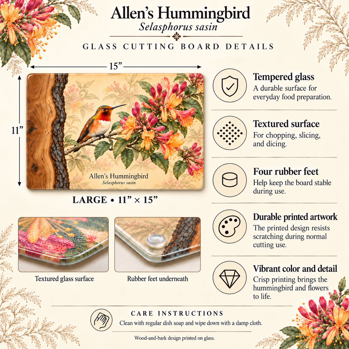 Allen's Hummingbird Glass Cutting Board, Honeysuckle and Coast Live Oak