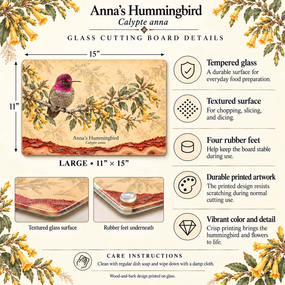 Anna's Hummingbird Glass Cutting Board, Tree Tobacco and Pacific Madrone