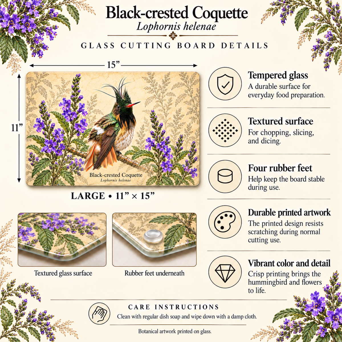Black-crested Coquette Glass Cutting Board with Stachytarpheta Flowers