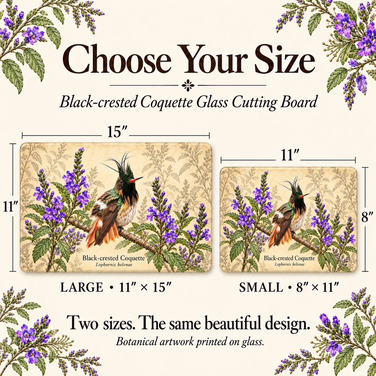 Black-crested Coquette Glass Cutting Board with Stachytarpheta Flowers