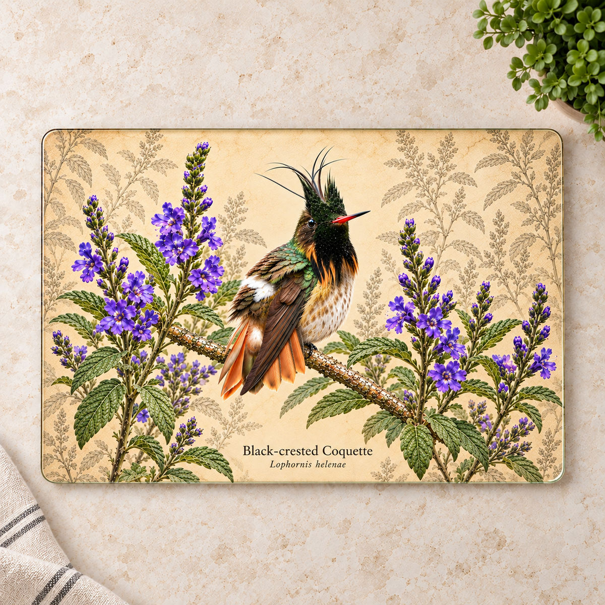 Black-crested Coquette Glass Cutting Board with Stachytarpheta Flowers
