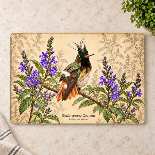Black-crested Coquette Glass Cutting Board with Stachytarpheta Flowers