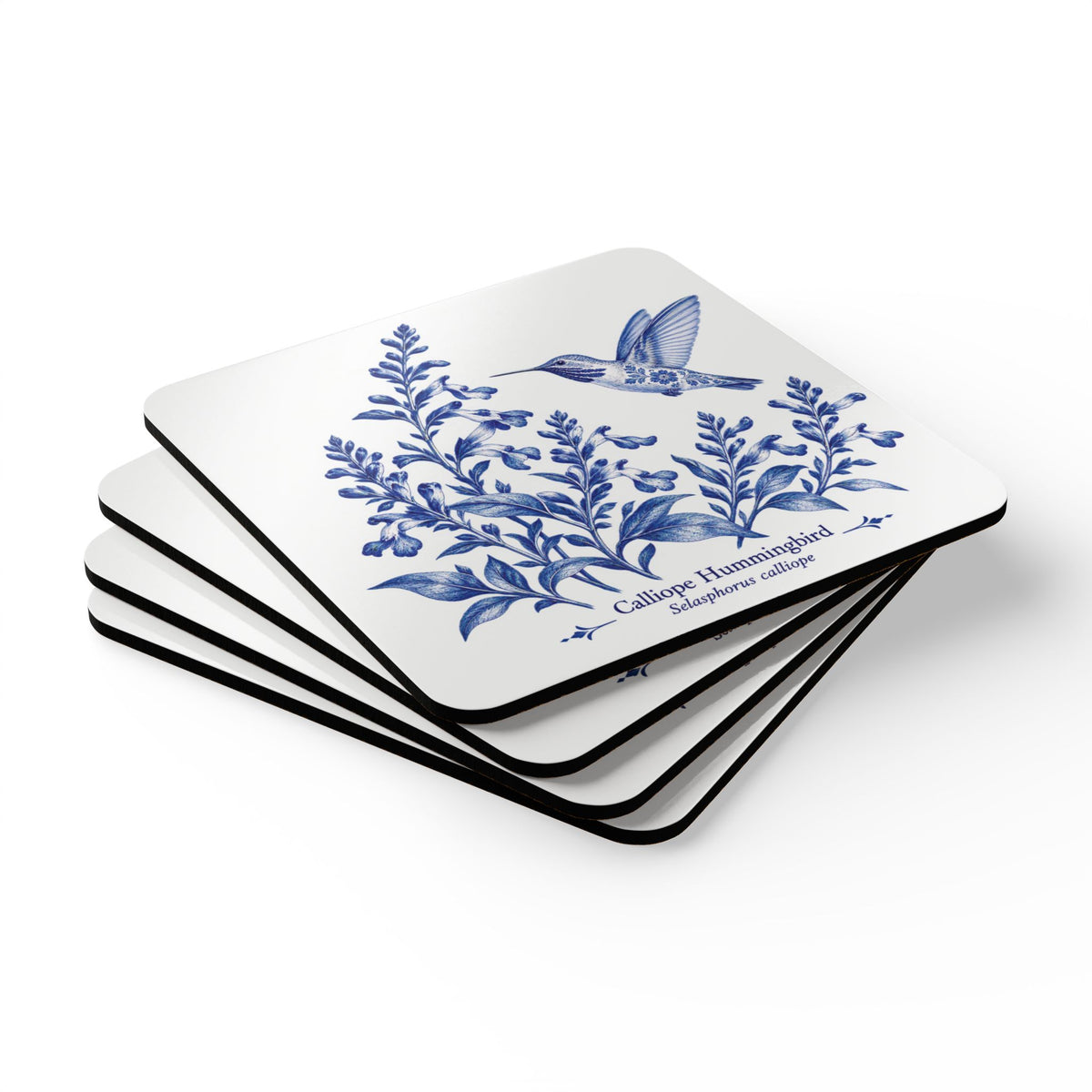 Calliope Hummingbird Blue Delft Cork Coaster Set