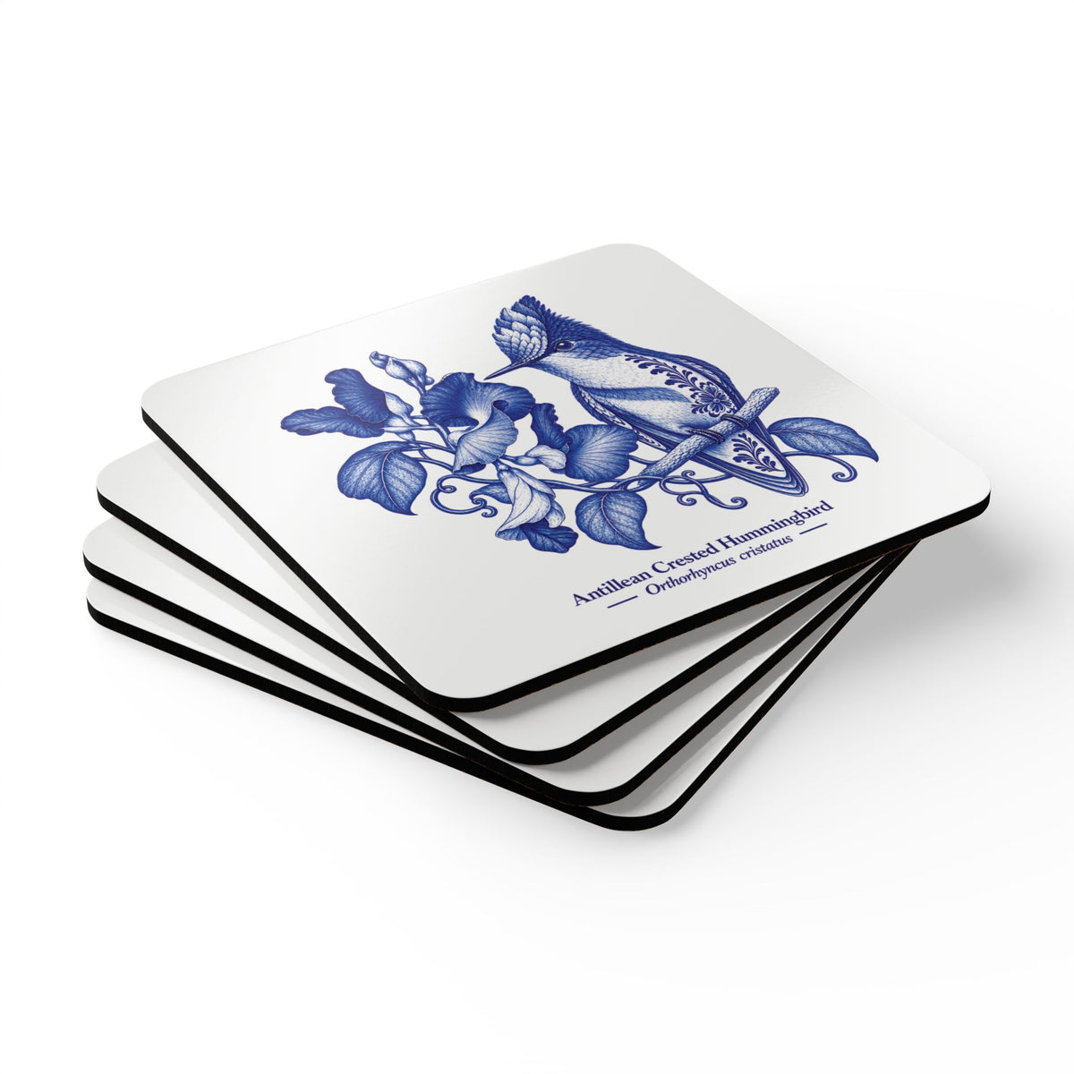 Antillean Crested Hummingbird Blue Delft Cork Coaster Set