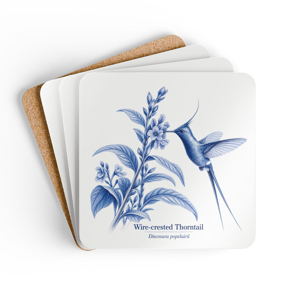 Wire-crested Thorntail Blue Delft Cork Coaster Set