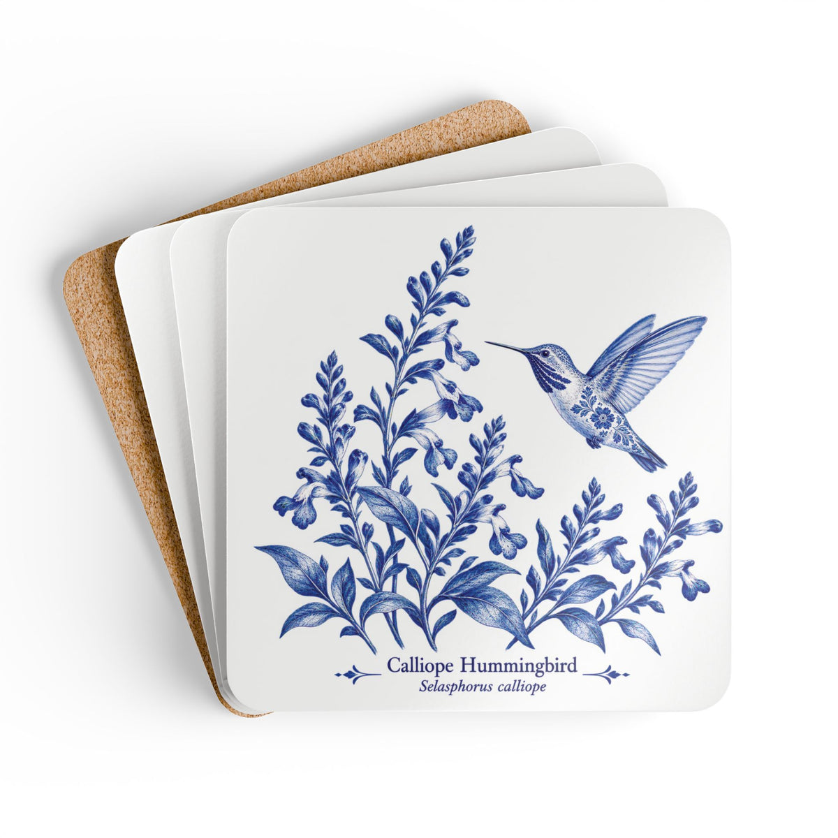 Calliope Hummingbird Blue Delft Cork Coaster Set