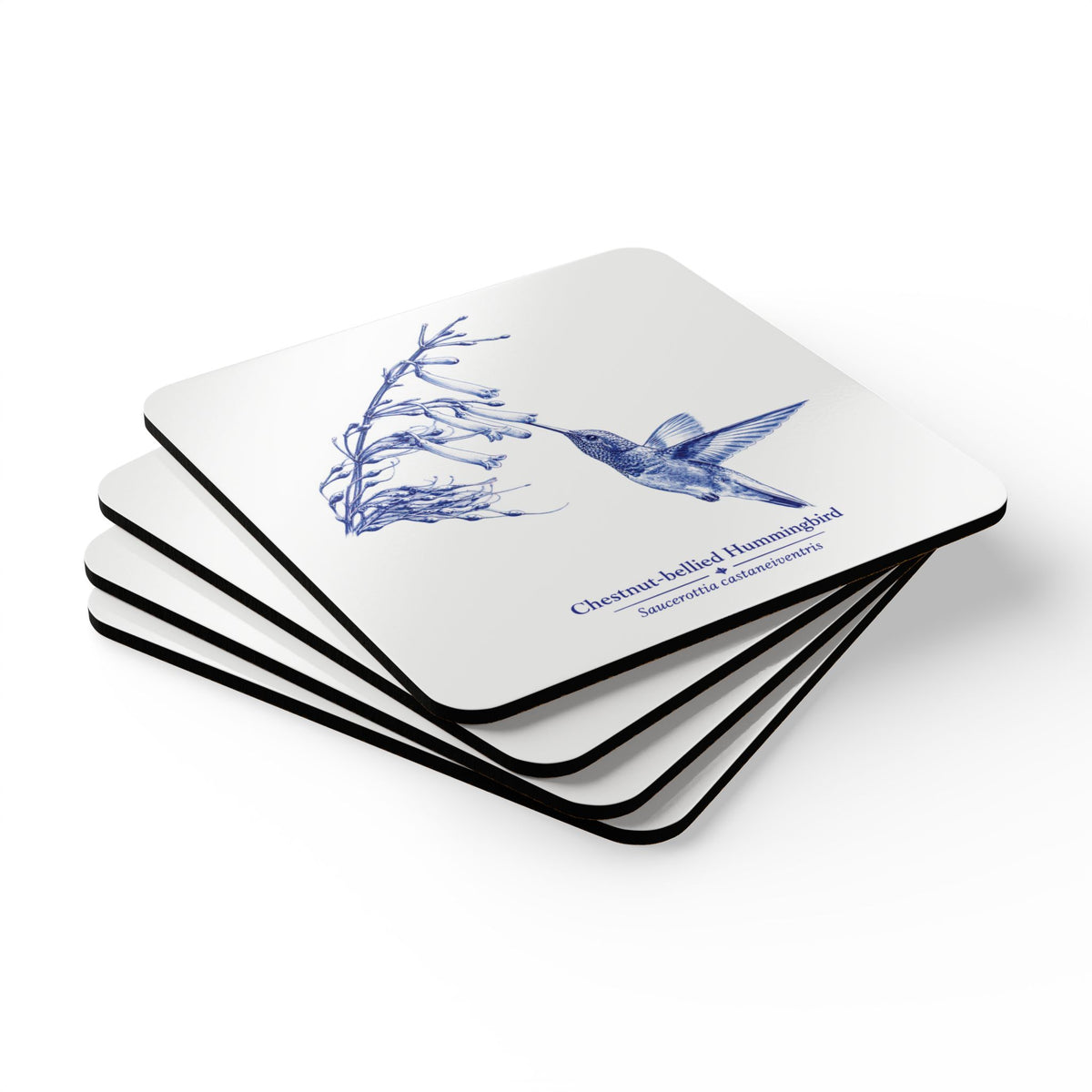 Chestnut-bellied Hummingbird Blue Delft Cork Coaster Set