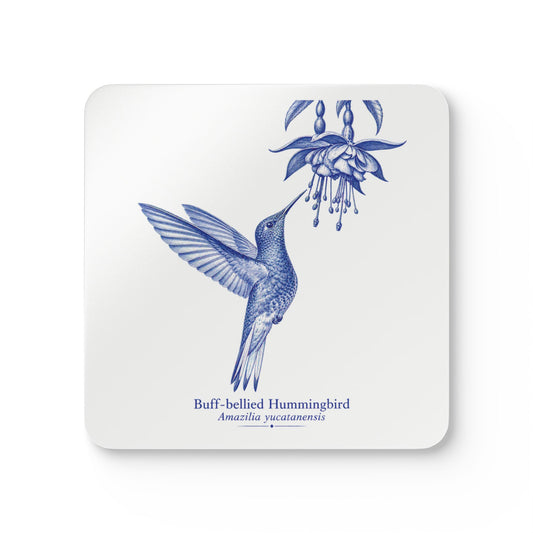 Buff-bellied Hummingbird Blue Delft Cork Coaster Set