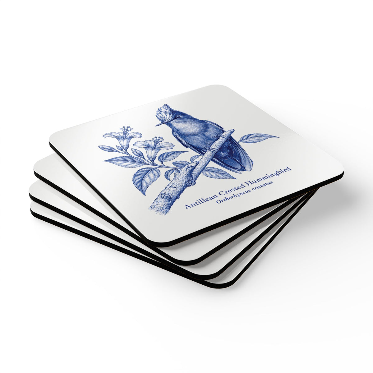 Antillean Crested Hummingbird Delft Blue Cork Coaster Set