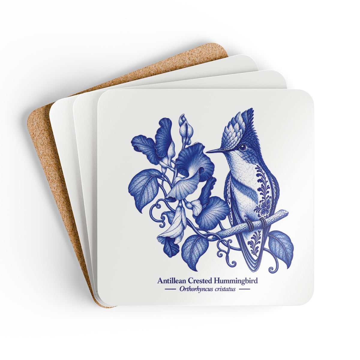 Antillean Crested Hummingbird Blue Delft Cork Coaster Set
