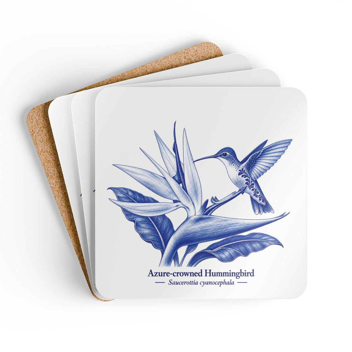 Azure-crowned Hummingbird Blue Delft Cork Coaster Set