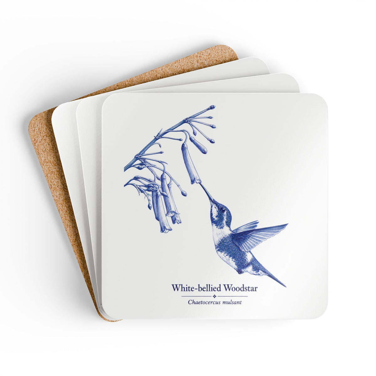 White-bellied Woodstar Blue Delft Cork Coaster Set