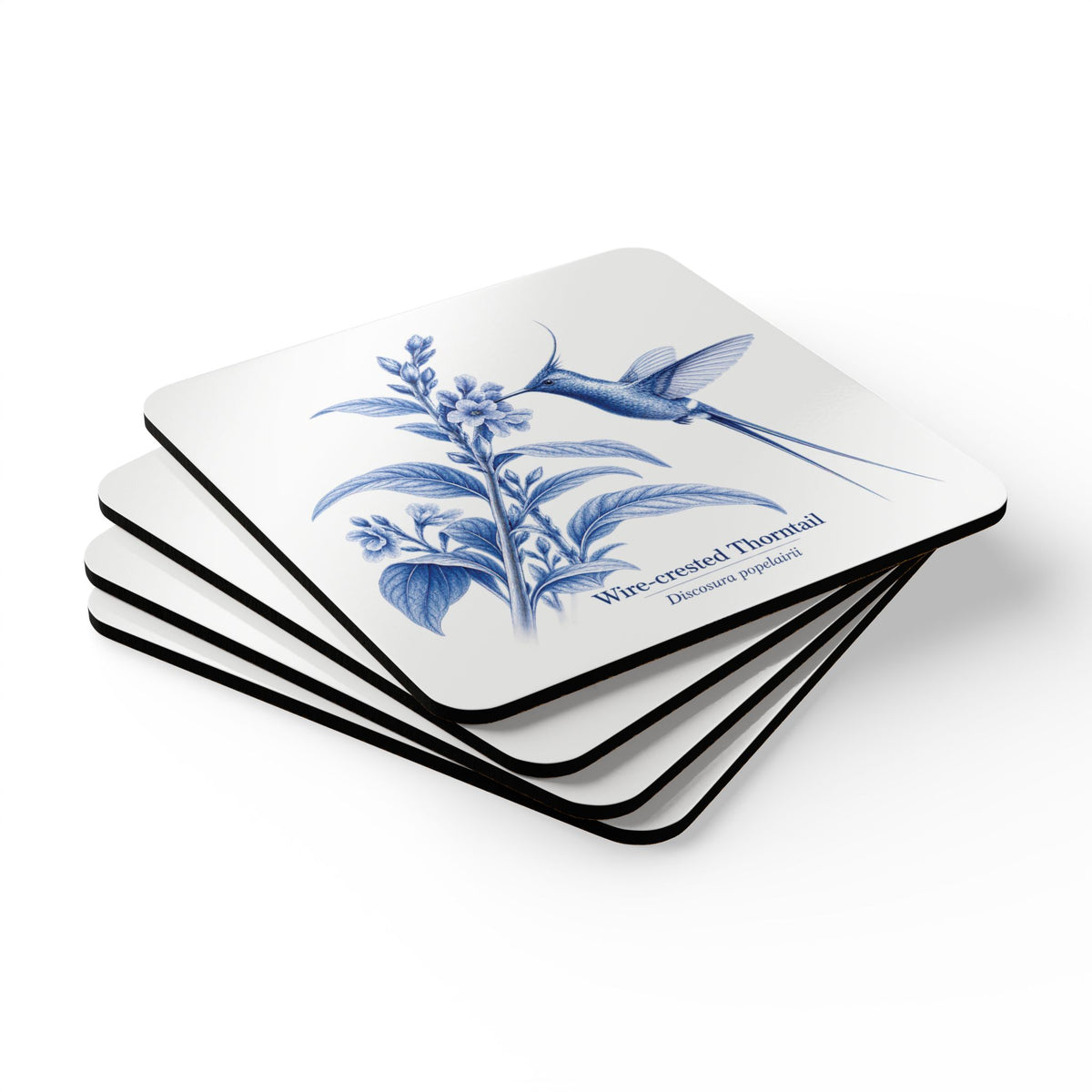 Wire-crested Thorntail Blue Delft Cork Coaster Set