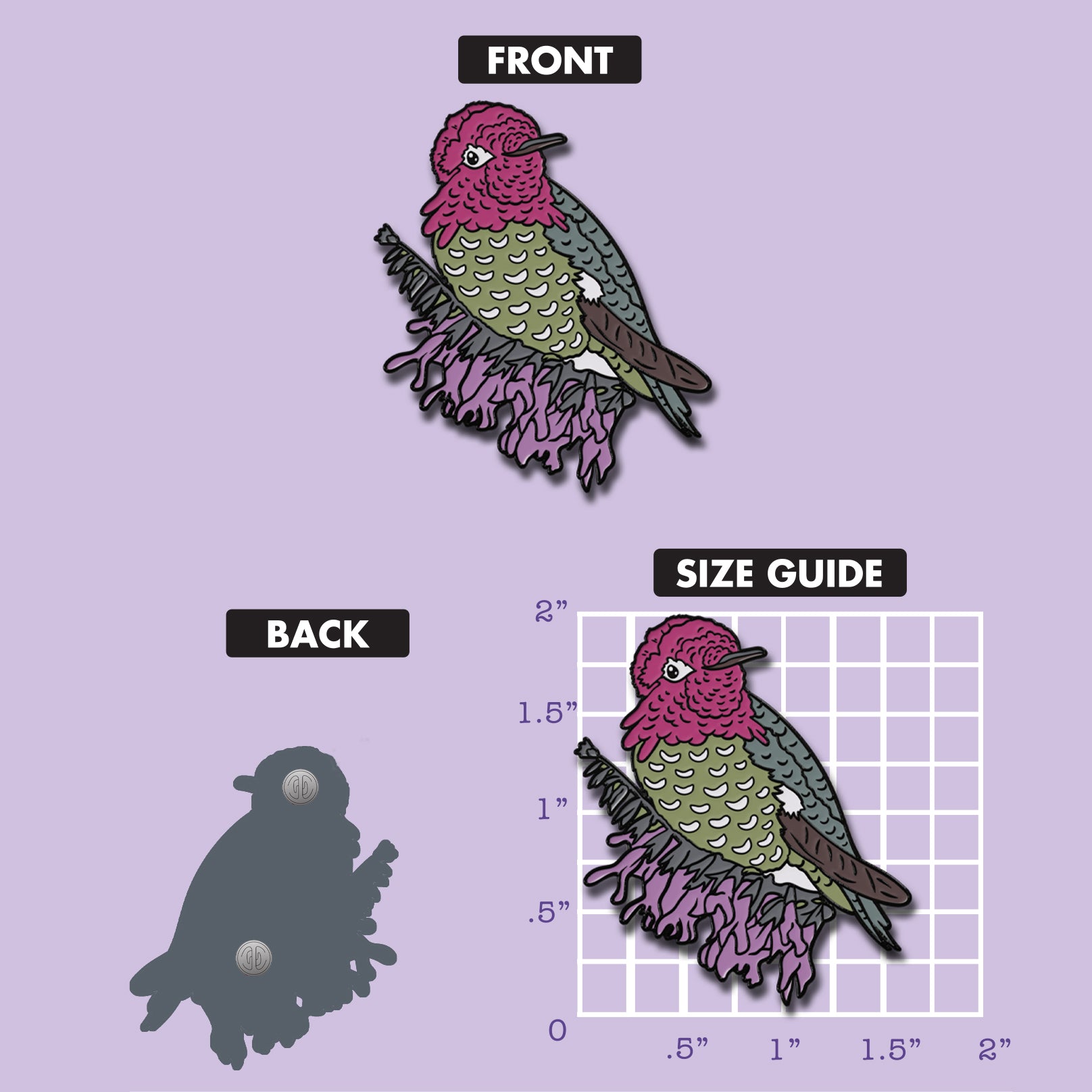 Anna's Hummingbird enamel pin size guide