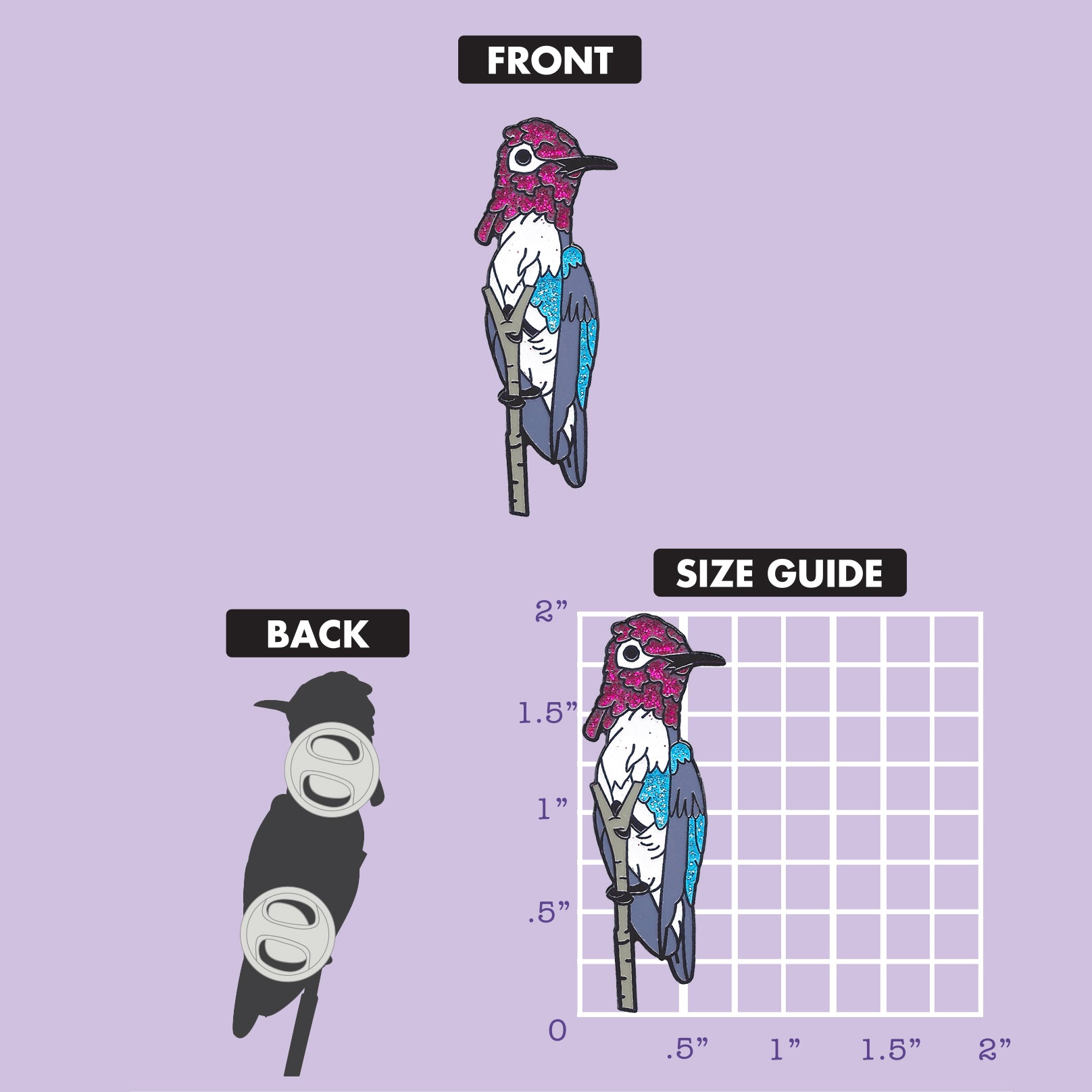 Bee Hummingbird glitter enamel pin size chart