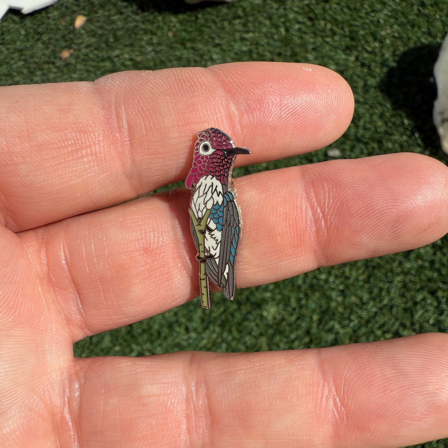 Bee Hummingbird enamel pin shown in hand