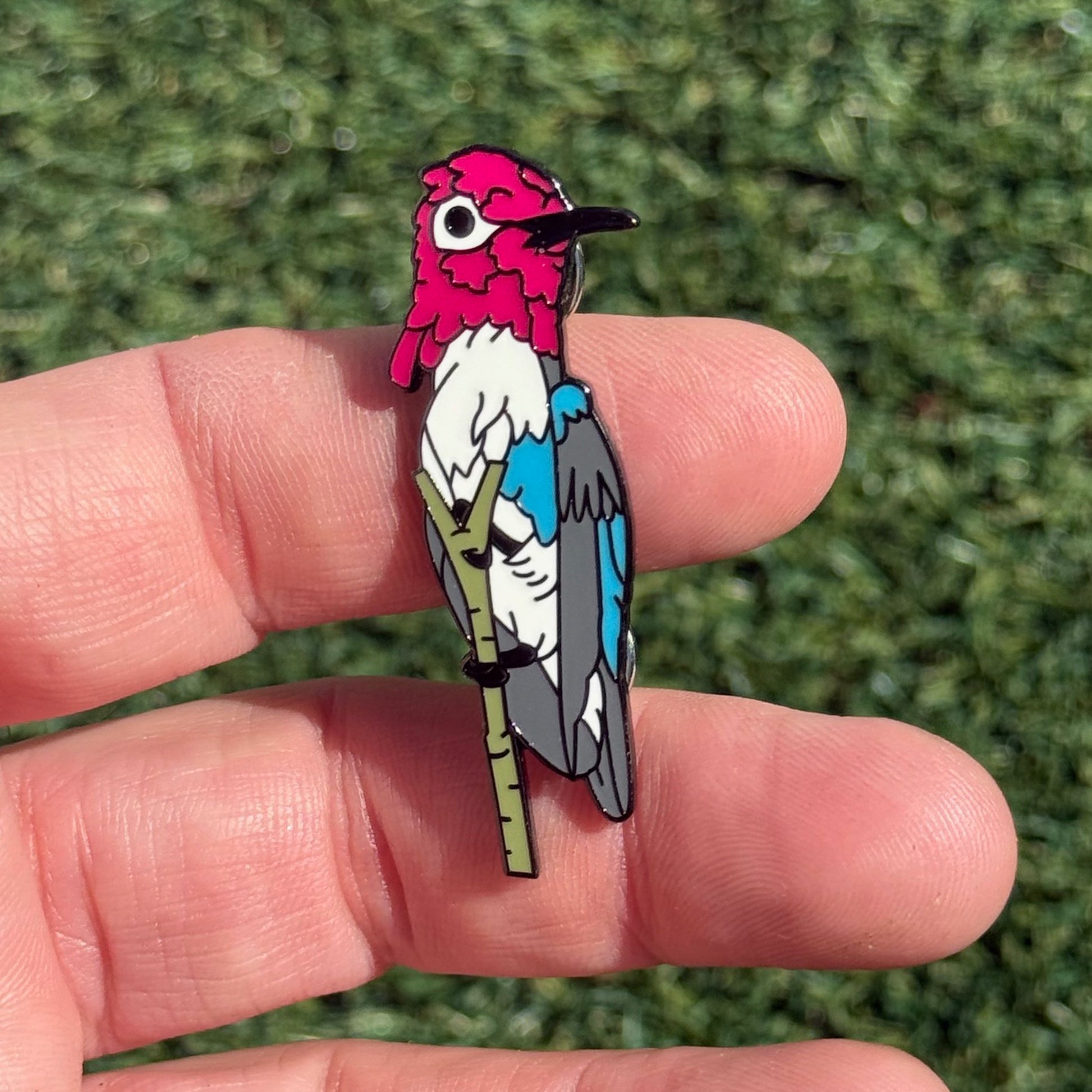 Bee Hummingbird enamel pin shown in hand