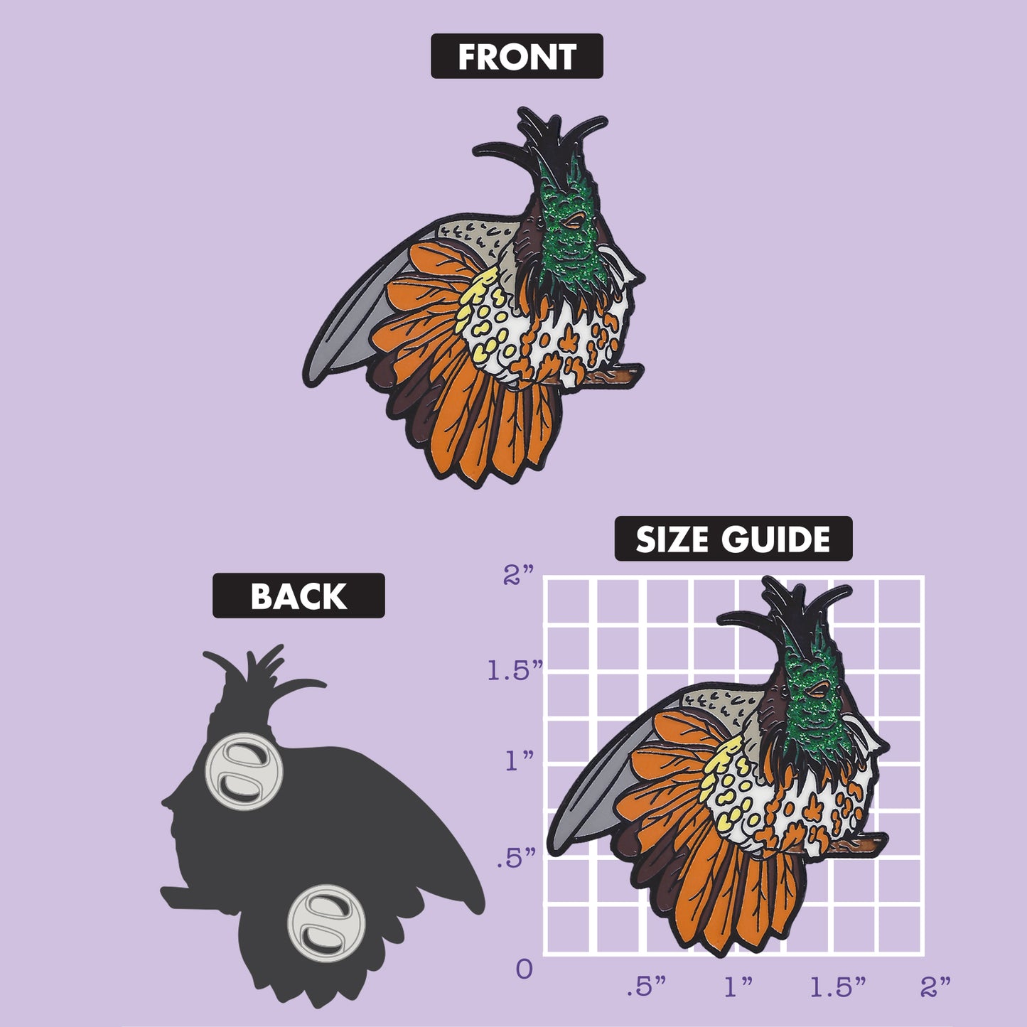Glitter enamel hummingbird pin size guide