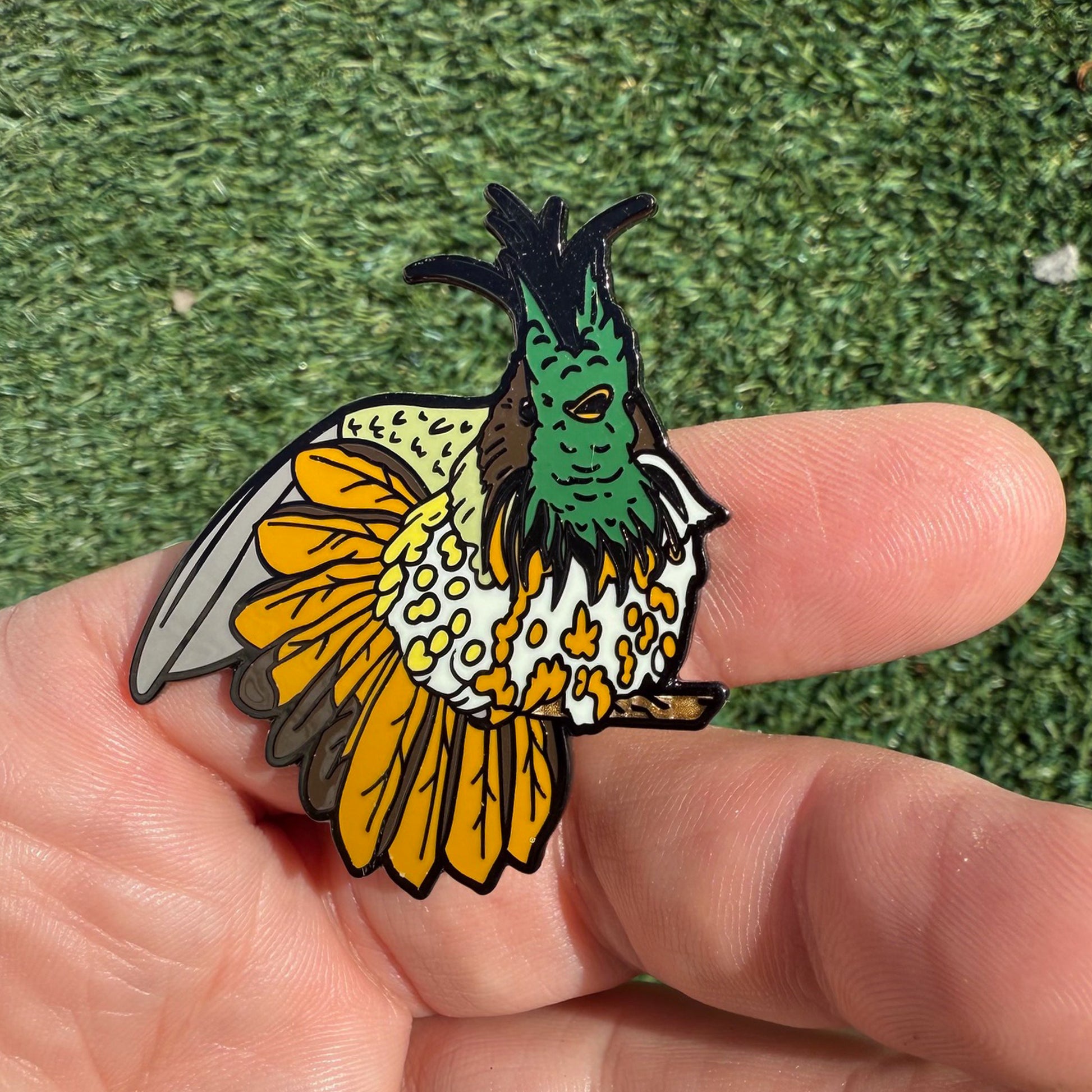Black-crested Coquette pin in hand