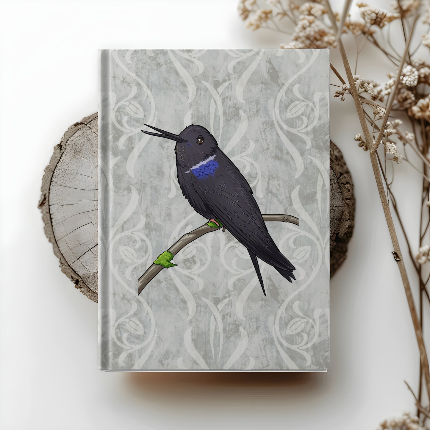 Black Inca hardcover journal with wraparound hummingbird artwork