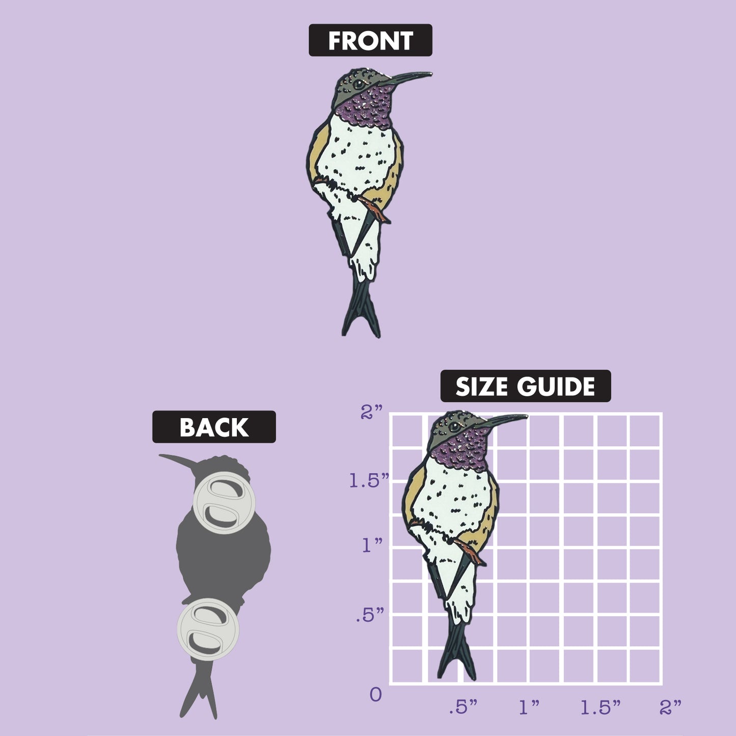 Chilean Woodstar glitter enamel pin size chart