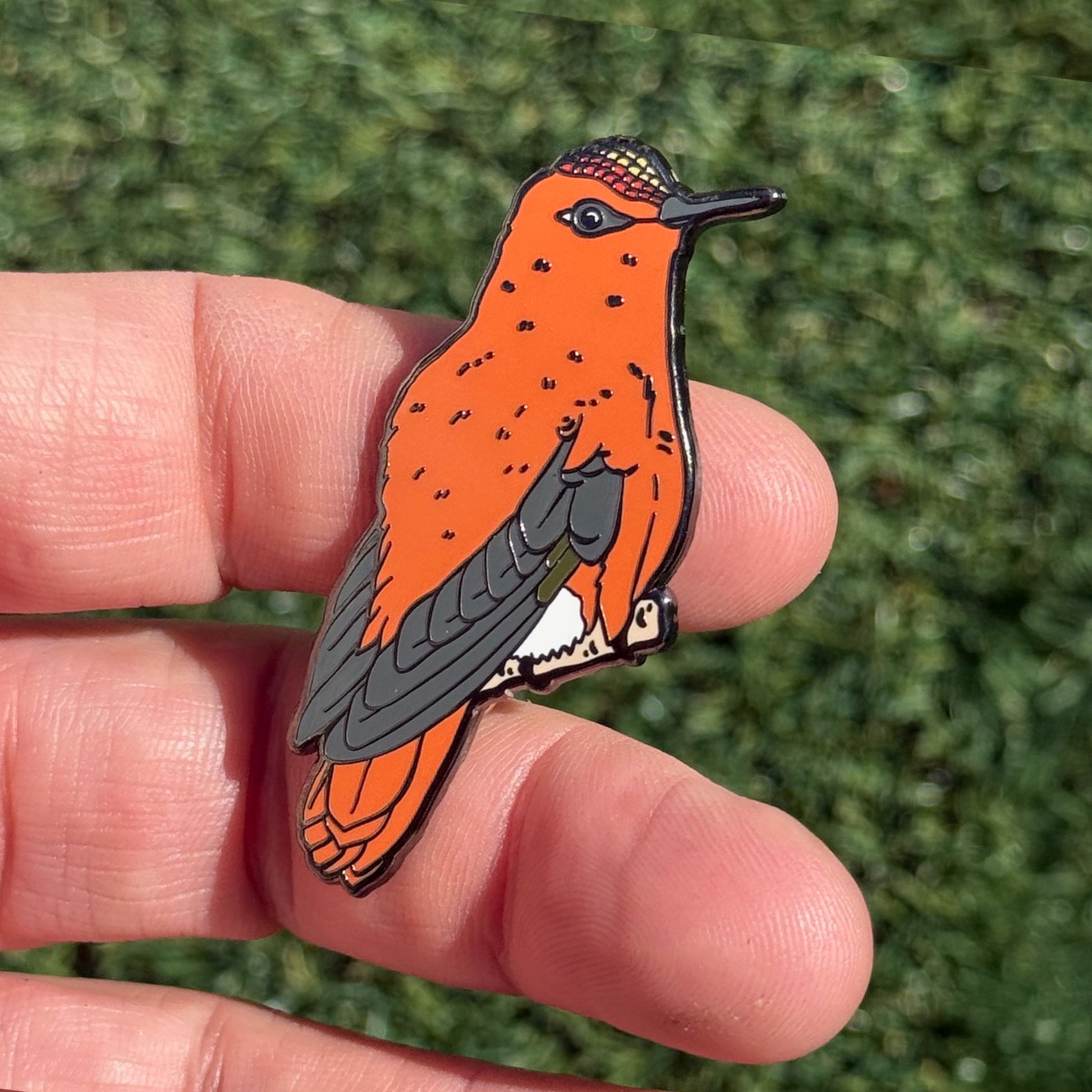 Juan Fernandez Firecrown enamel pin shown in hand