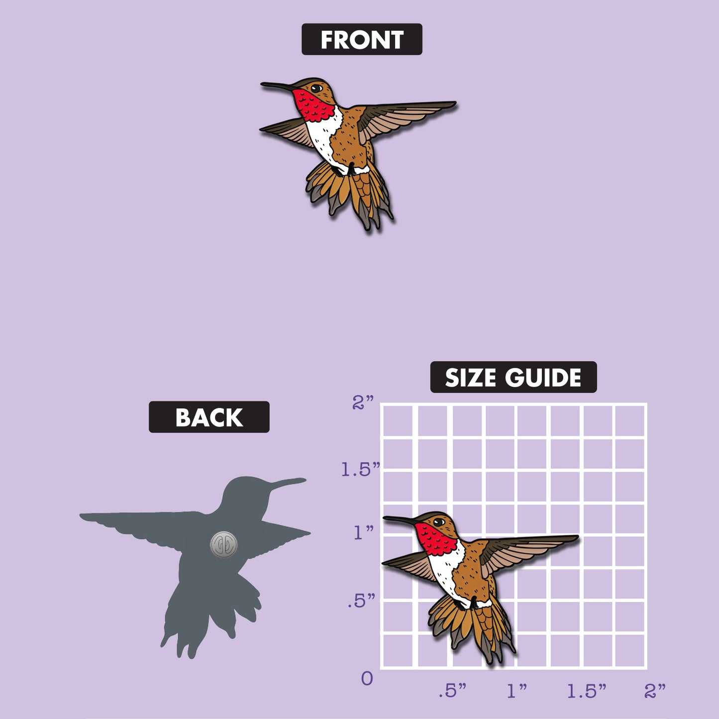 Rufous Hummingbird enamel pin size chart